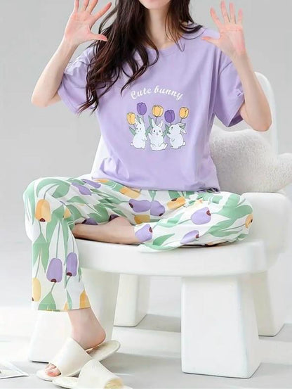 Lilac Bunny Printed Half Sleeves Night Suit (RB-777)
