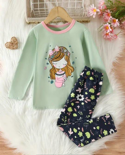 Green Sleepy Princess Printed Kids Night Suit (RB-430)