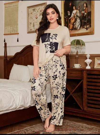 Off white Leaves Printed T-Shirt with leafs printed trouser  – Soft Feel, Cute Vibe
