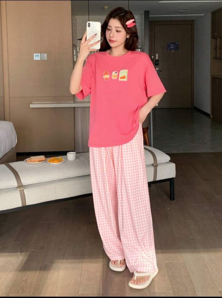 Pink Juices Printed Tshirt with Check Printed Trouser– Soft Feel, Cute Vibe