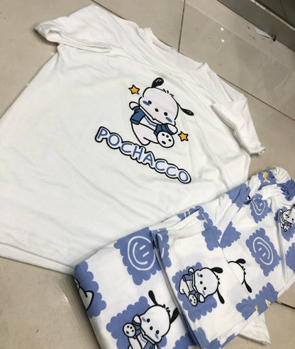 White Pochacco Print Half Sleeves Printed Night Suit – Soft Feel, Cute Vibe