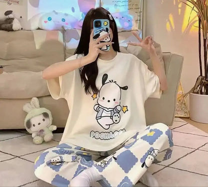 White Pochacco Print Half Sleeves Printed Night Suit – Soft Feel, Cute Vibe