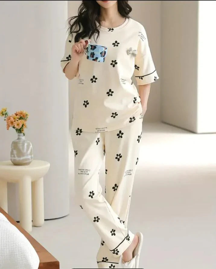 Off white Black all over flowers Print Half Sleeves – Soft Feel, Cute Vibe