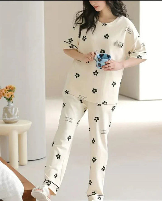 Off white Black all over flowers Print Half Sleeves – Soft Feel, Cute Vibe