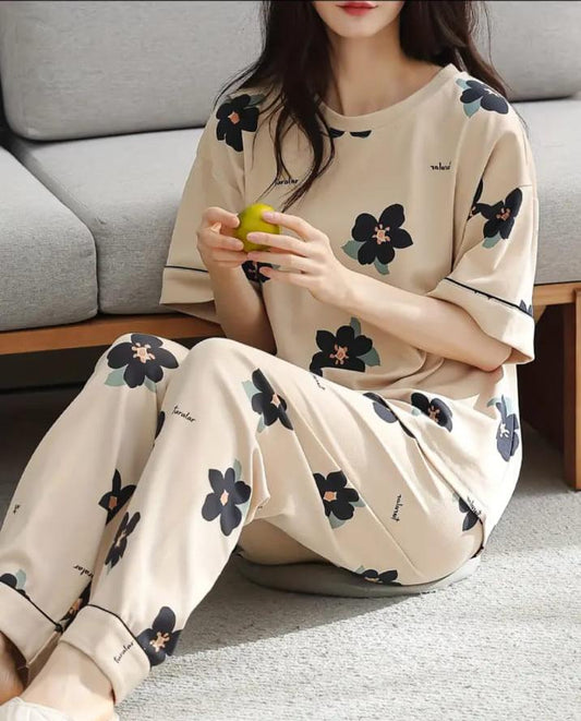 Brown Big Black All Over Flowers Print Half Sleeves – Soft Feel, Cute Vibe