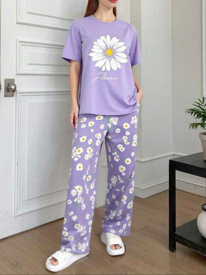 Lilac Sun Flowers Printed Half Sleeves Night Suit – Soft Feel, Cute Vibe