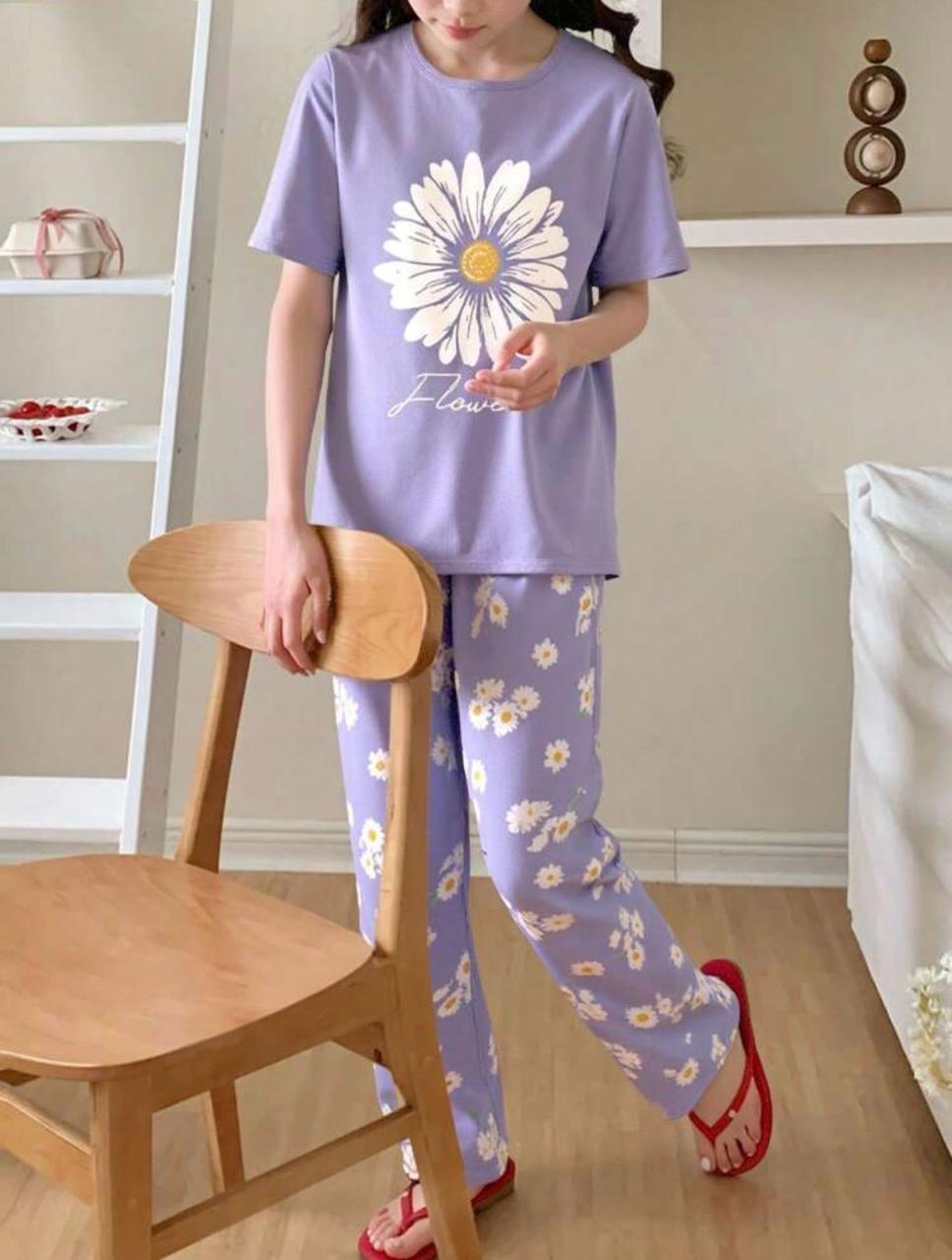 Lilac Sun Flowers Printed Half Sleeves Night Suit – Soft Feel, Cute Vibe