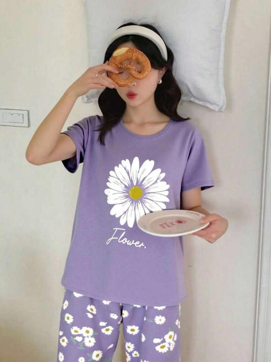 Lilac Sun Flowers Printed Half Sleeves Night Suit – Soft Feel, Cute Vibe