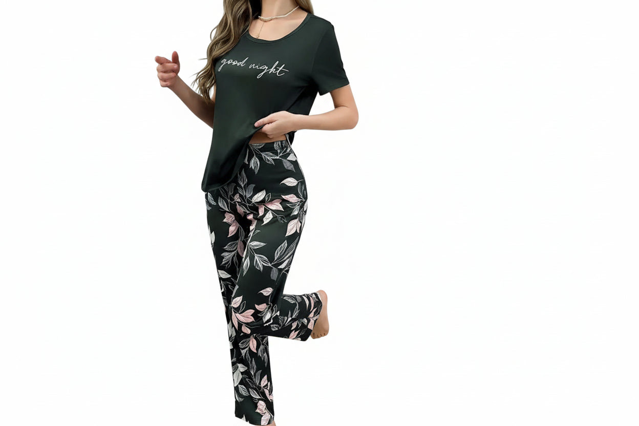 New Black Good Night With Flower Printed Trouser Half Sleeves – Soft Feel, Cute Vibe