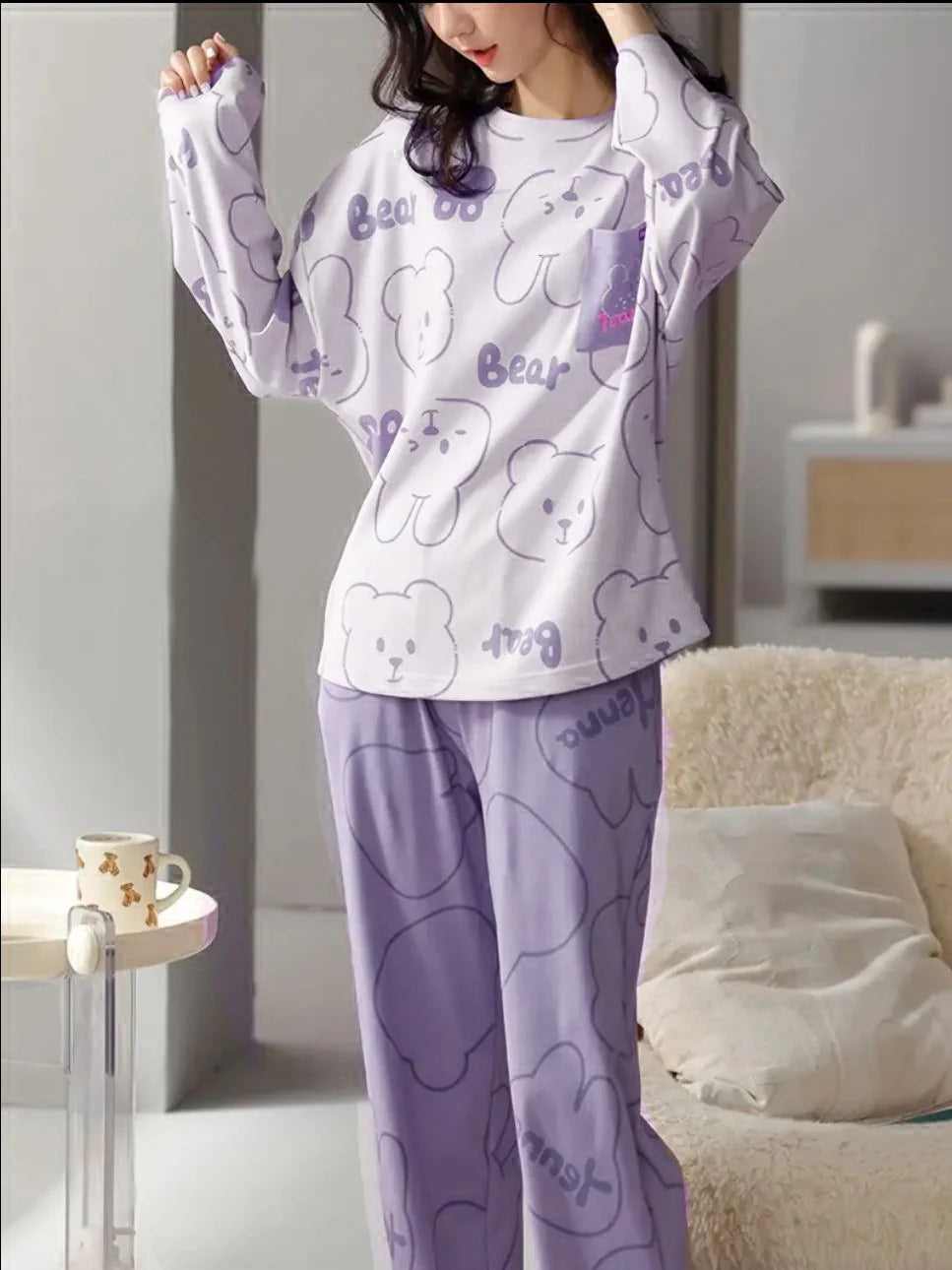 White Bear with Lilac Printed Pj – Soft Feel, Cute Vibe
