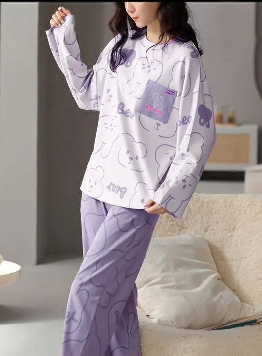 White Bear with Lilac Printed Pj – Soft Feel, Cute Vibe