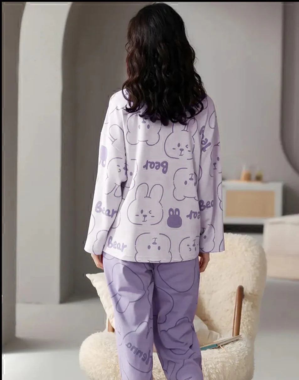 White Bear with Lilac Printed Pj – Soft Feel, Cute Vibe