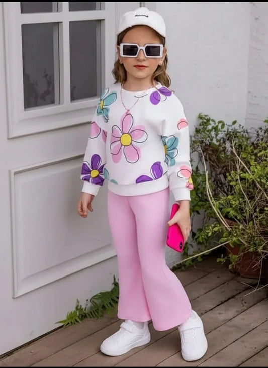 Off white Multi Big Flower Printed with Pink pajama Winter Girls Tracksuit