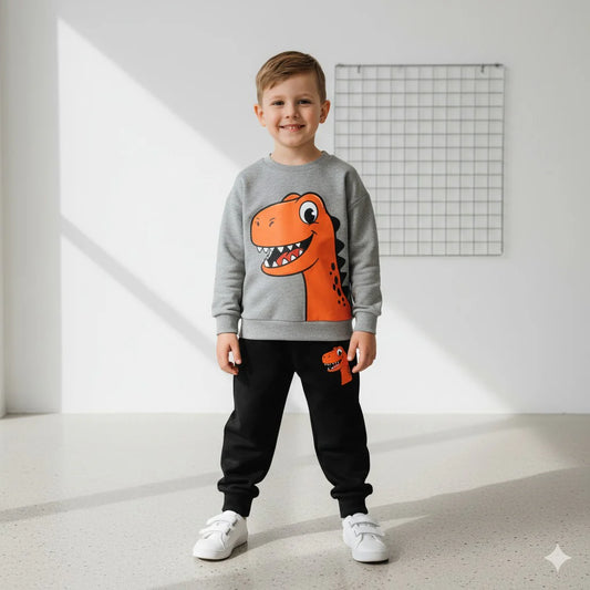 Grey Big Orange Dinosor With Black Pajama Kids Tracksuit