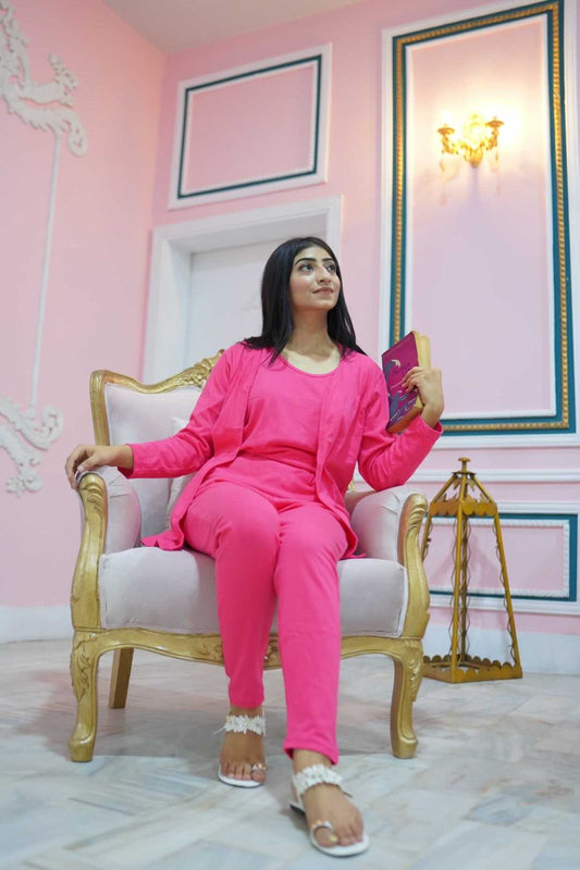 Shocking pink 3 Piece Night suit For Her – Soft Feel, Cute Vibe