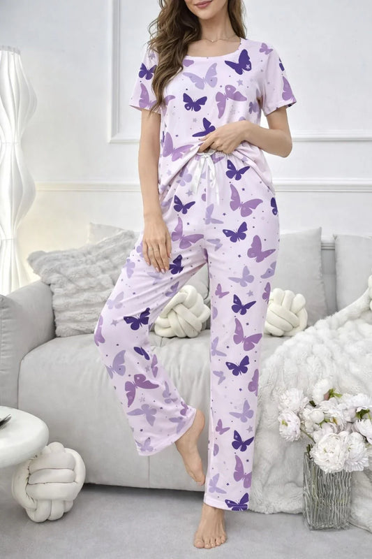Purple All Over Butterflies Printed half Sleeves Night Suit For Her