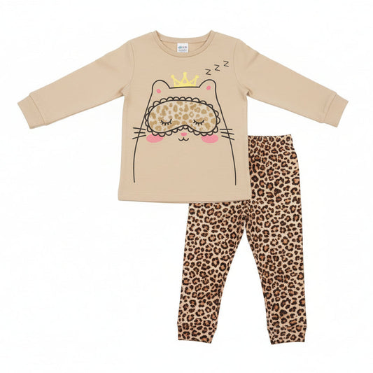 Brown Sleeping Cat Kids Nightwear Set