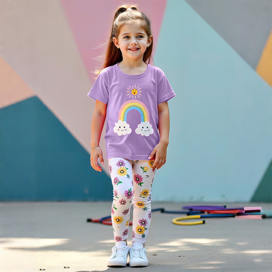 Young girl wearing a purple shirt with a rainbow and cloud design, standing in front of a colorful geometric background.