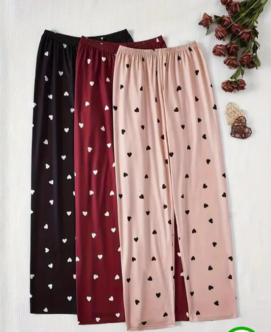 Heart Bliss Pack of 3 Multi-Colored Hearts Printed Palazzo Pajamas for Ladies – Soft & Comfortable