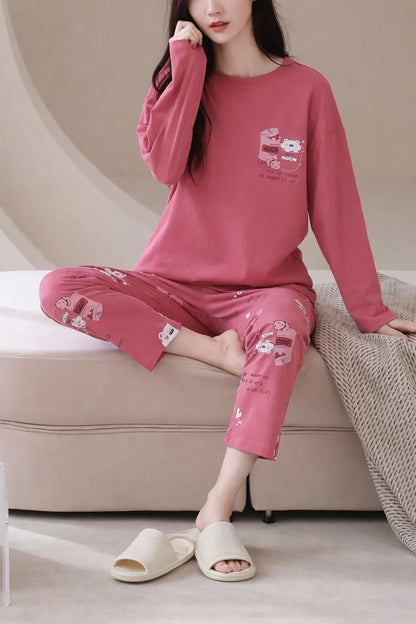 Sleepy Bear Shocking Pink Printed Night Suit for Girls – Full Sleeves Shirt & Pajama Cozy Sleepwear Set