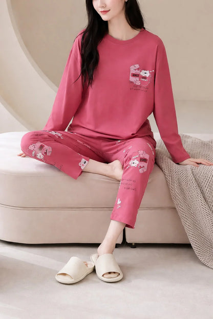 Sleepy Bear Shocking Pink Printed Night Suit for Girls – Full Sleeves Shirt & Pajama Cozy Sleepwear Set