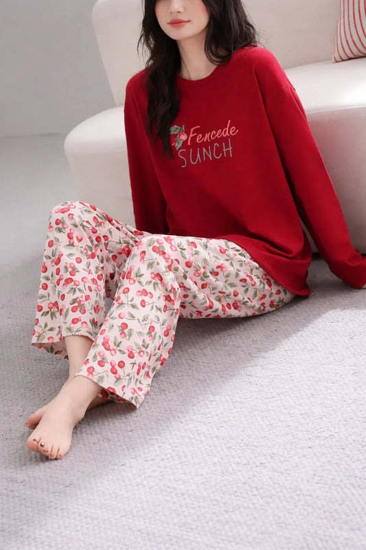 Red Fencede Sunch With Cherry Printed Full Sleeves Night Suit