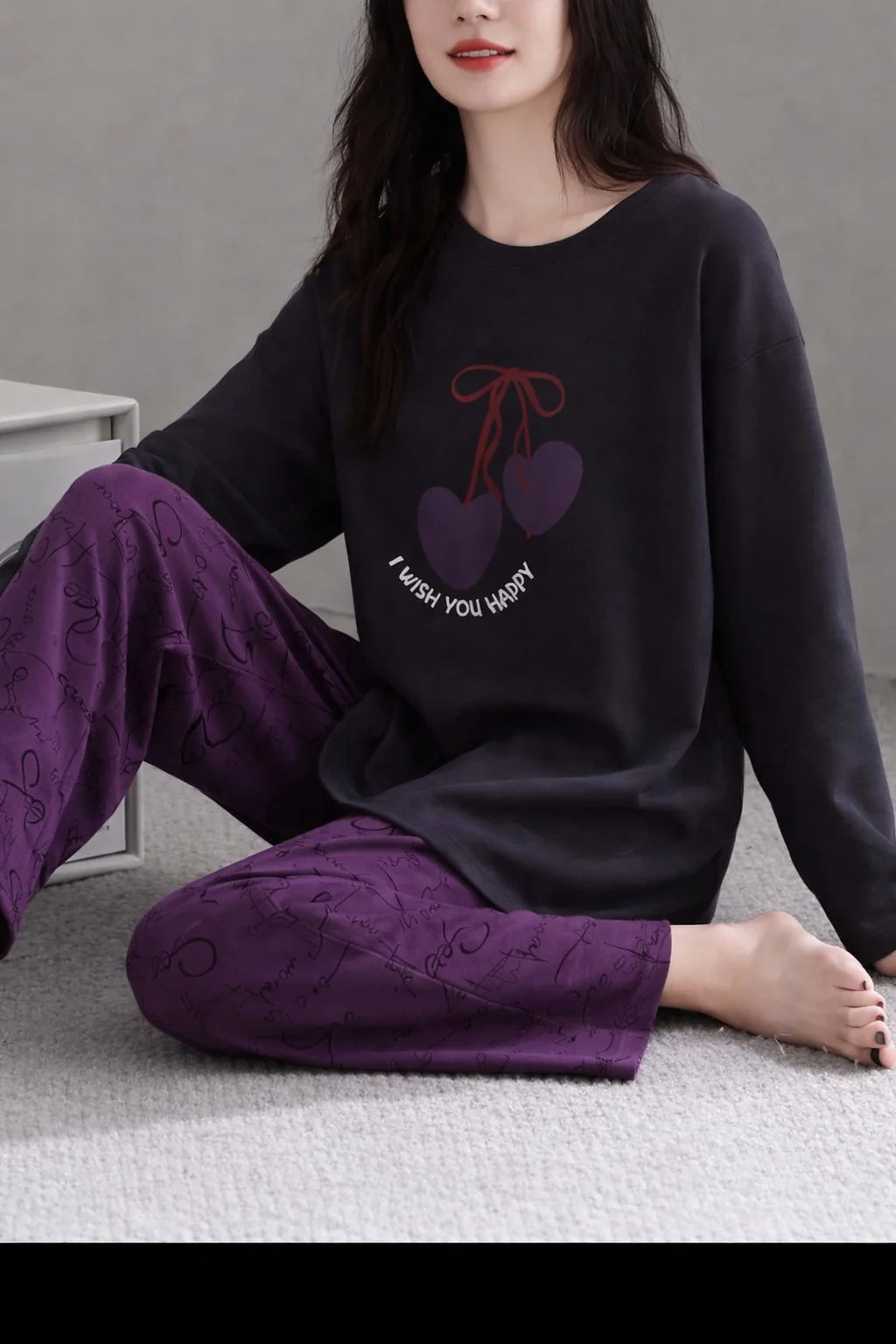 Black Happy Wish Full Sleeves Night Suit