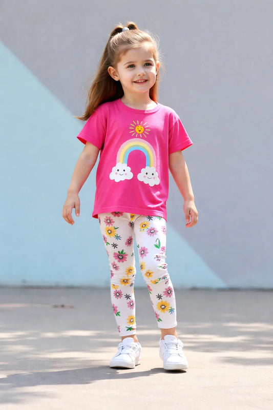 Rainbow Bloom Shocking Pink Night Suit for Kids – Rainbow T-Shirt & Floral Print Pajama Sleepwear Set