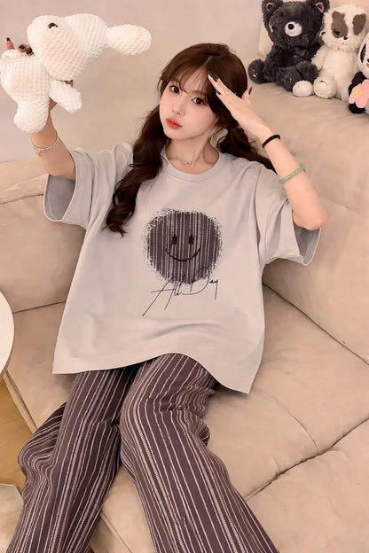 Grey Smiley Printed Half sleeves T Shirt with Brown Lining Trouser Night Suit– Soft Feel, Cute Vibe