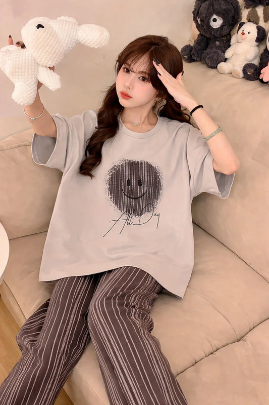 Grey Smiley Printed Half sleeves T Shirt with Brown Lining Trouser Night Suit– Soft Feel, Cute Vibe