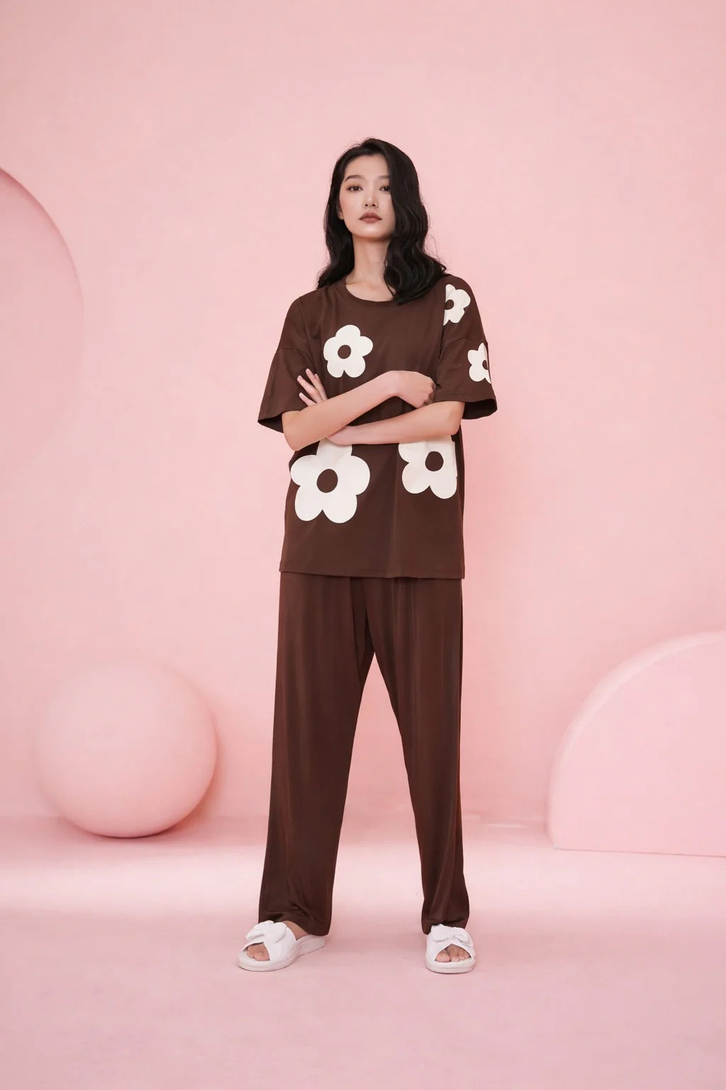 (NEW ) Brown All over BIG White Flower Night Suit For her - Soft Feel, Cute Vibe