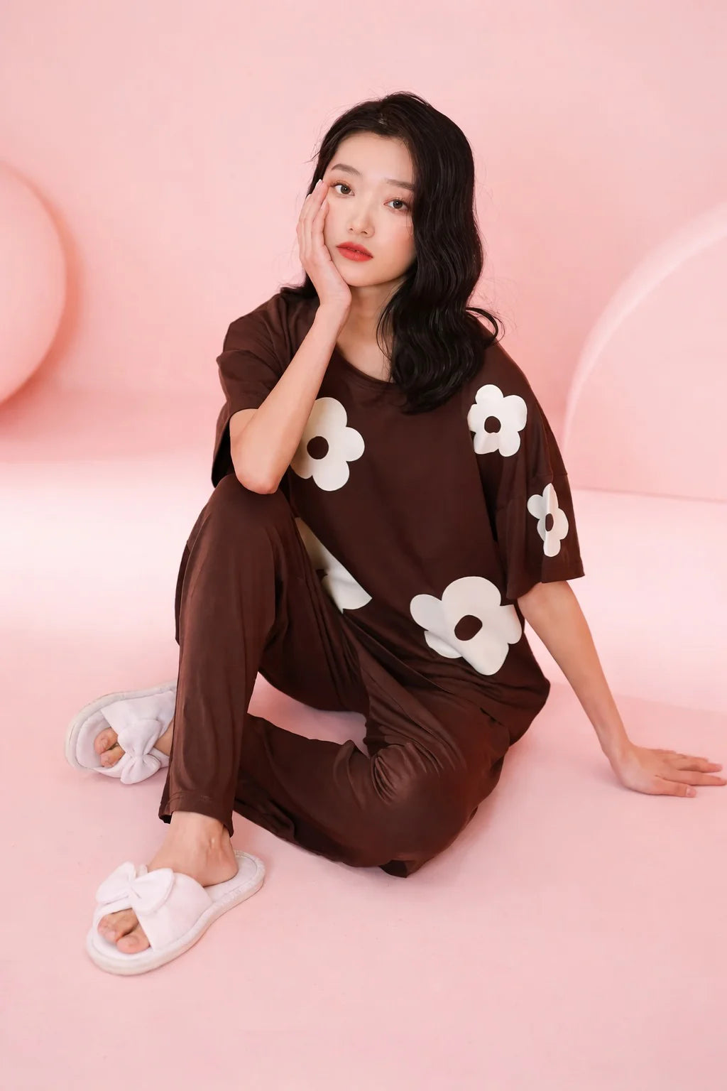 (NEW ) Brown All over BIG White Flower Night Suit For her - Soft Feel, Cute Vibe