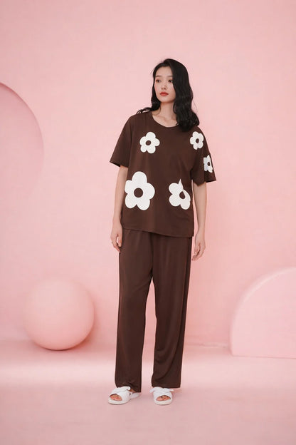 (NEW ) Brown All over BIG White Flower Night Suit For her - Soft Feel, Cute Vibe