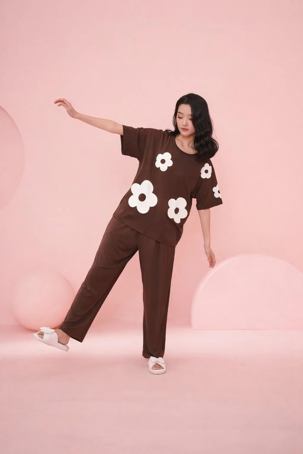 (NEW ) Brown All over BIG White Flower Night Suit For her - Soft Feel, Cute Vibe