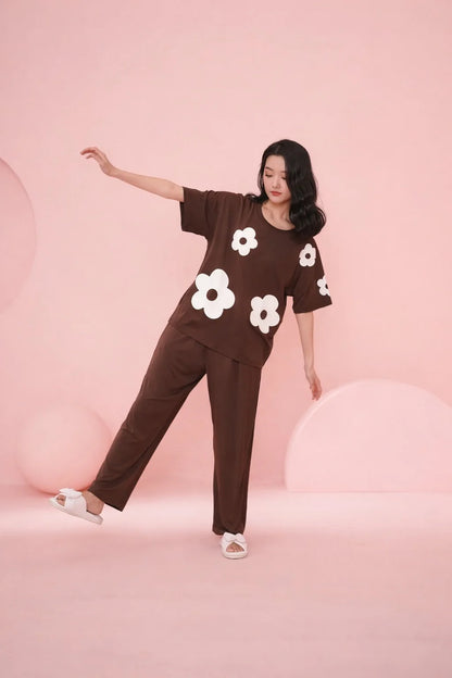 (NEW ) Brown All over BIG White Flower Night Suit For her - Soft Feel, Cute Vibe