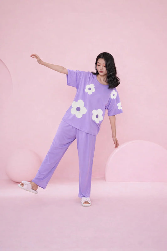 (NEW ) Lilac All Over BIG White Flower Night Suit For Her