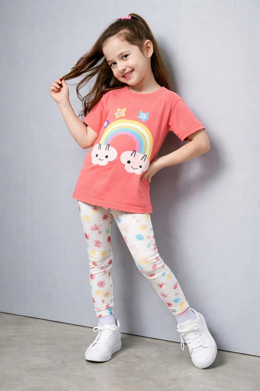(NEW) pink rainbow t shirt with multi STARS printed pajama kids night suit