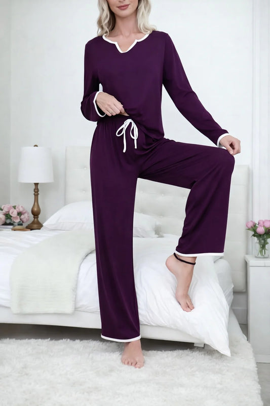 Dark Purple With White Pipen V Neck Night Suit For Her