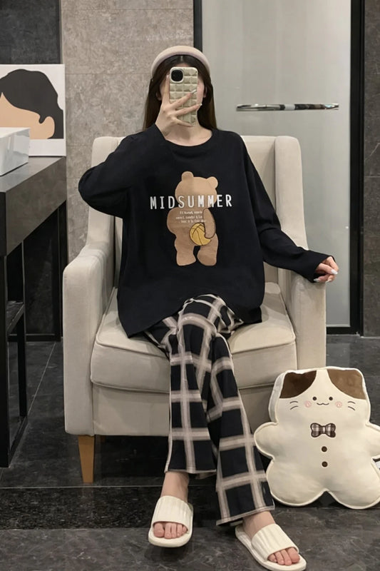 Black Mid Summers Printed With Checkered Trouser Night Suit - Soft Feel, Cute Vibe