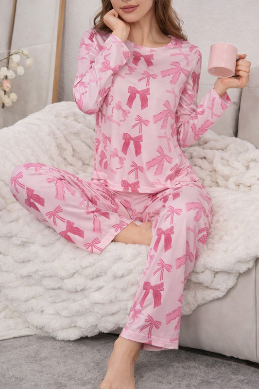 Pink All over Bow Full Sleeves Printed Night suit For her