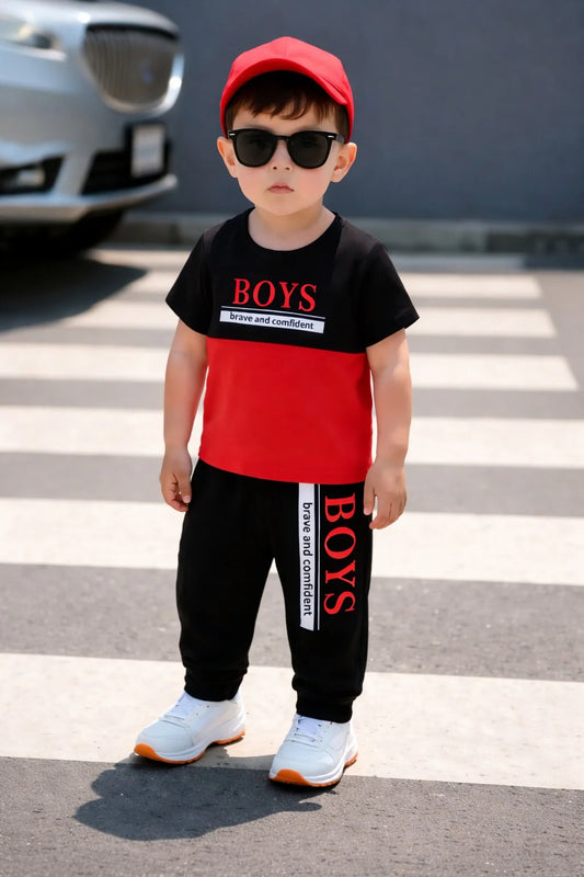Black and Red Boys Brave & Confident Printed T-shirt With Printed Pajama Kids Suit