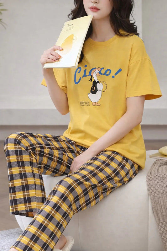 Yellow Cute Duck Printed Half Sleeves T-shirt With Check Pajama Night Suit for Her