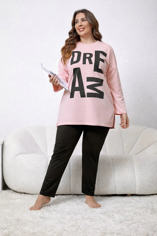 Pink Dreams Long Shirt With Black Trouser Night Suit For Her