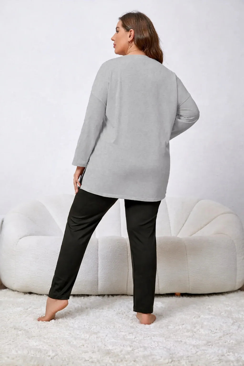 Grey Dreams Long Shirt With Black Trouser Night Suit For Her