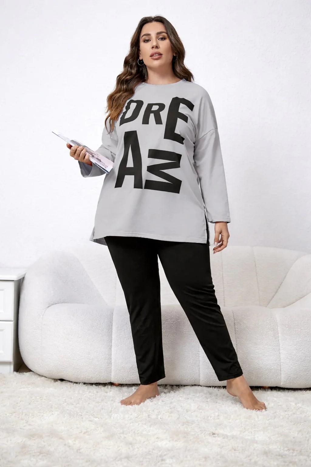 Grey Dreams Long Shirt With Black Trouser Night Suit For Her