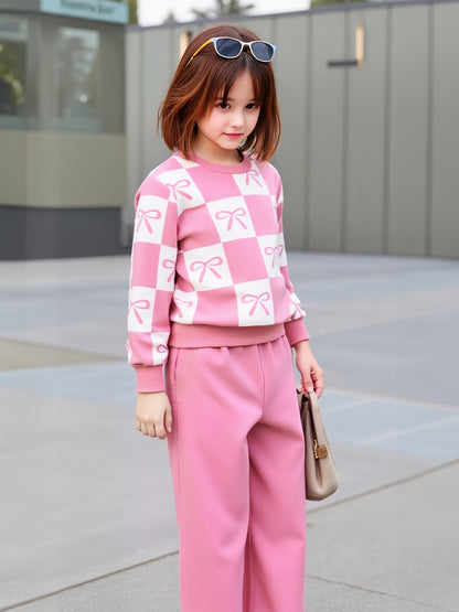 Pink Checkered Bow with Pink Pajama Kids Track suit