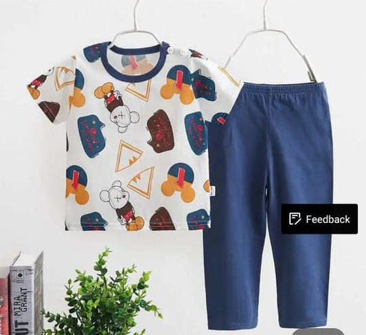 White Multi Bears Print Kids Night Suit (RB-425)