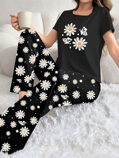 Cute daisy print Women's sleepwear set with short sleeved top and long pants