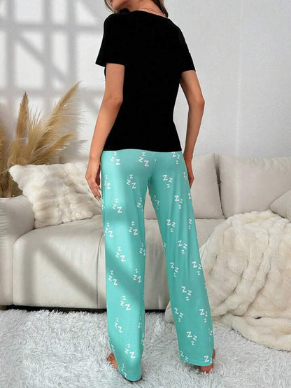 Black Please Do Not Disturb Printed Half Sleeves T-shirt With Printed Trouser Suit (SP-36)