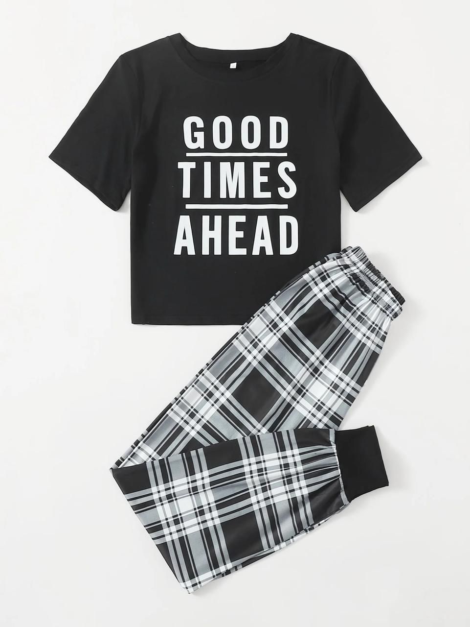 Black Good Things Ahead Printed Half Sleeves T-shirt With Check Printed Trouser Suit (SP-35)